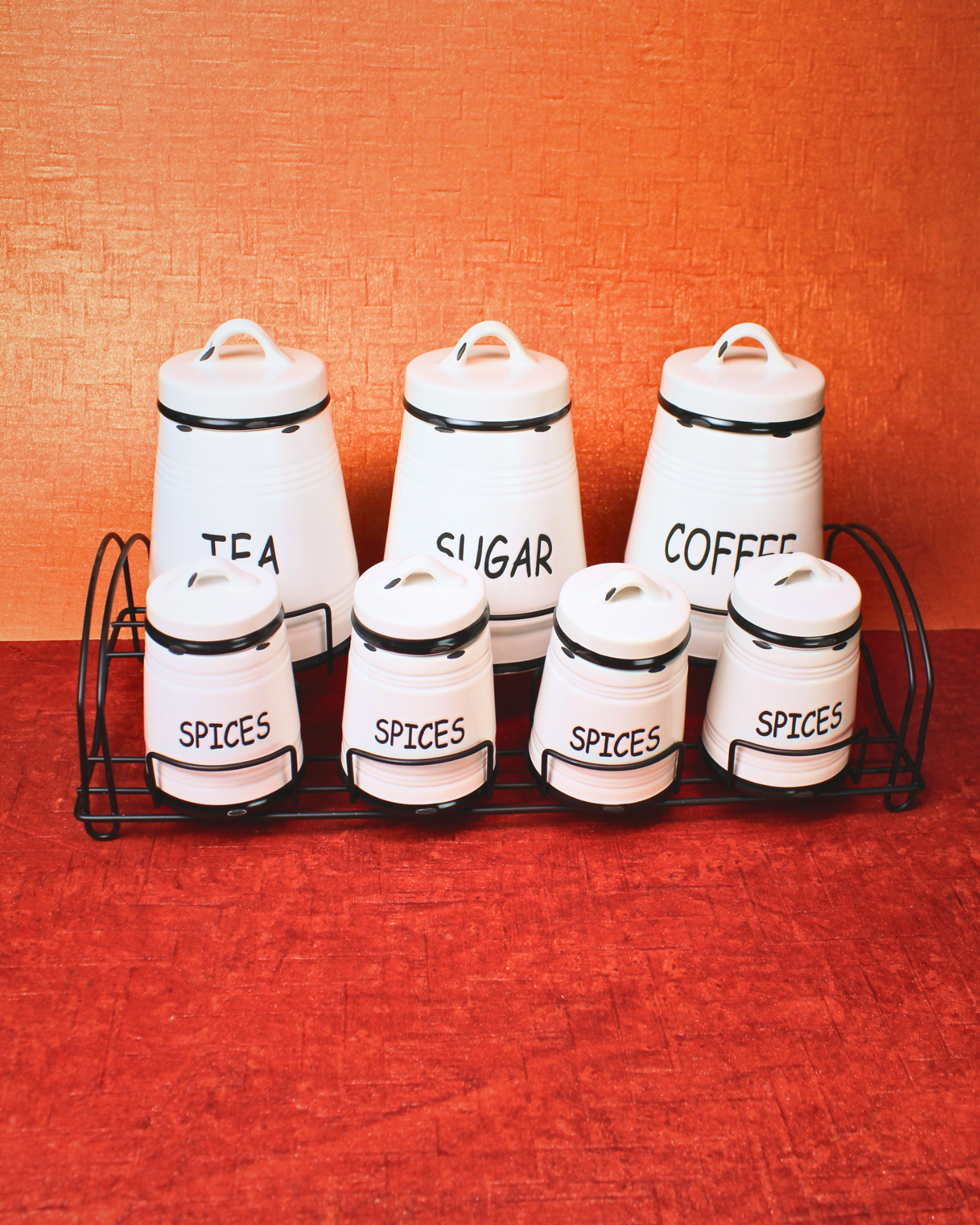 Noir Border Ceramic Spice Jars with Metal Rack | Set of 8