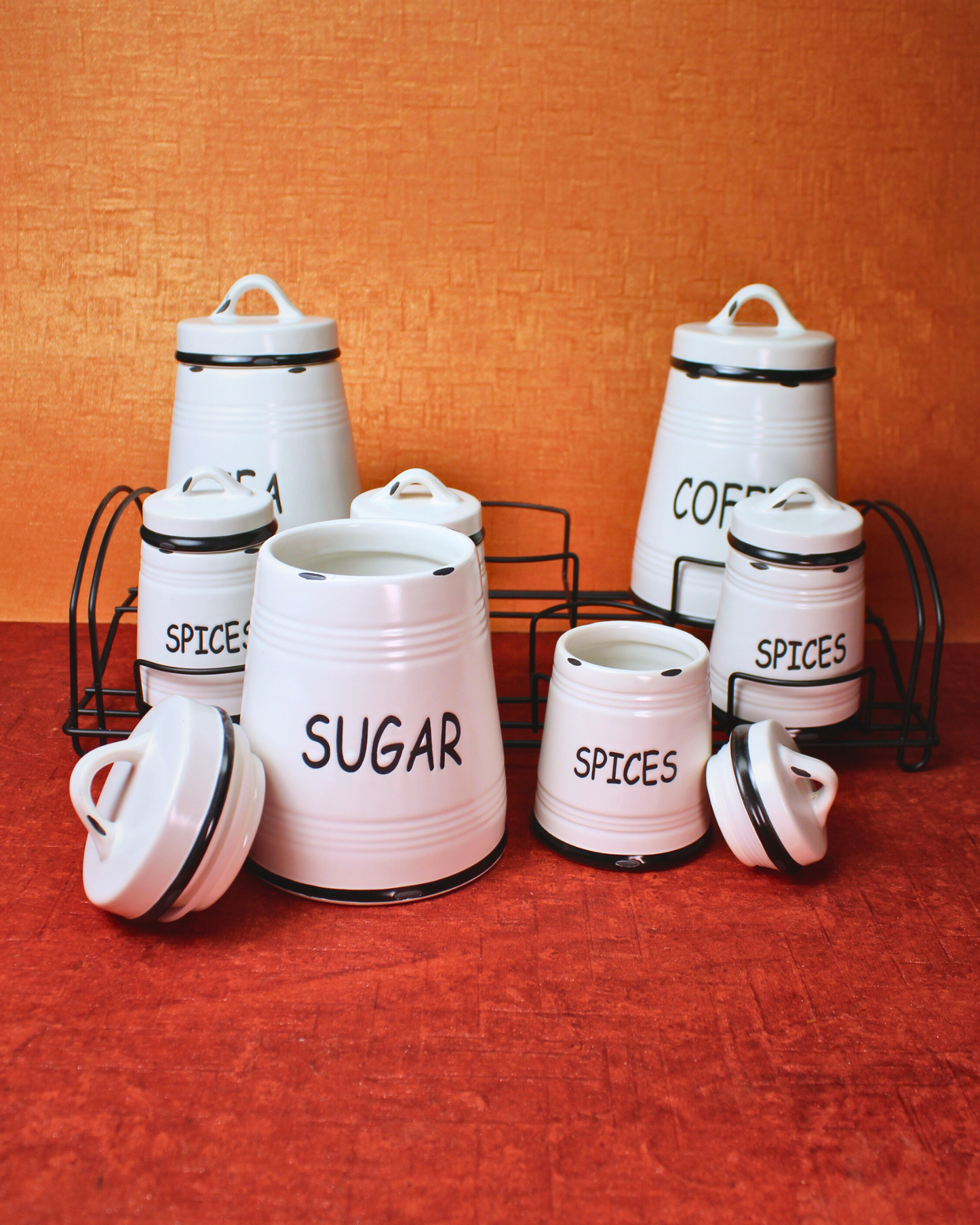 Noir Border Ceramic Spice Jars with Metal Rack | Set of 8