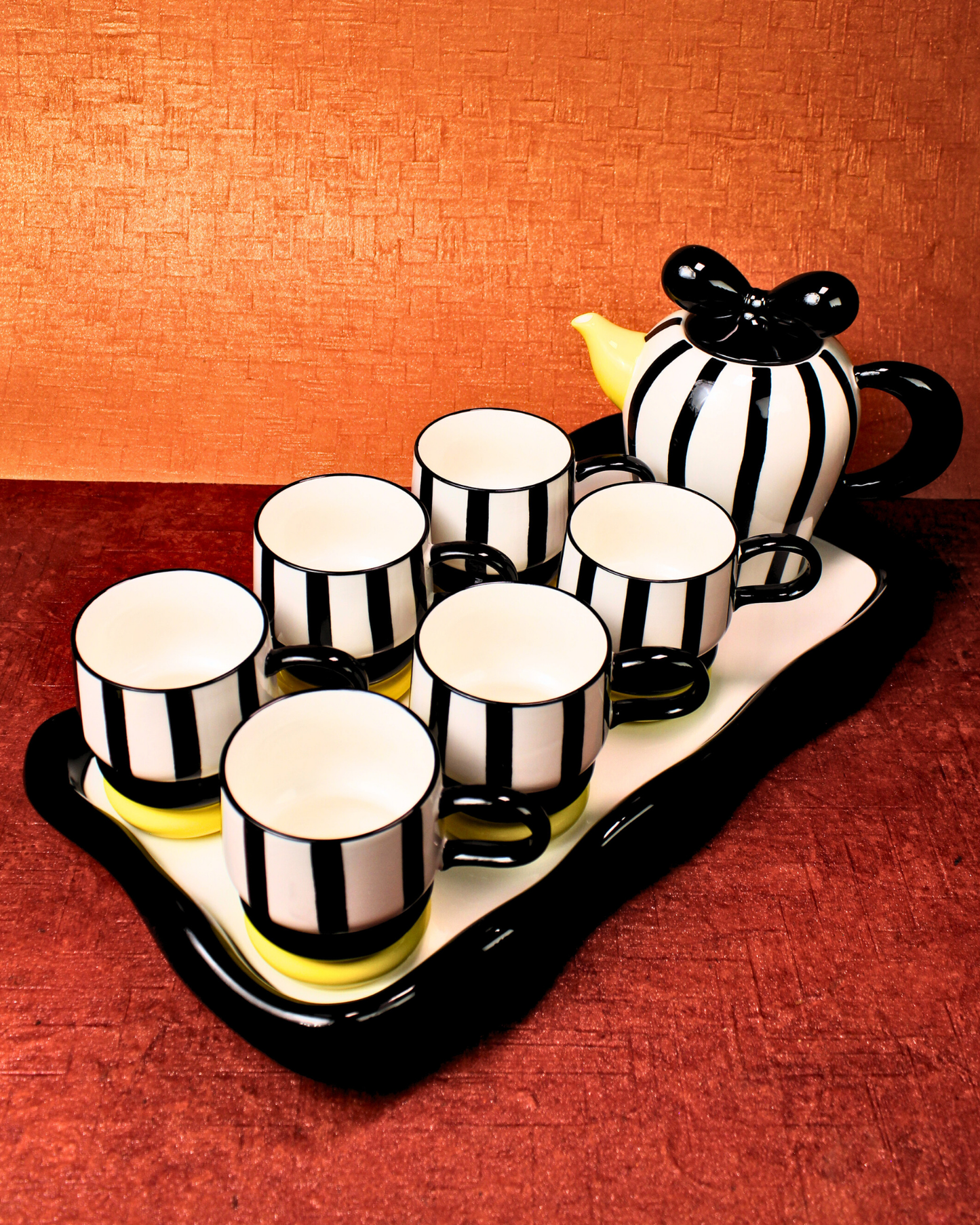 The Black Tie & Bow Ceramic Tea Set - 6 Cups with Ceramic Tray