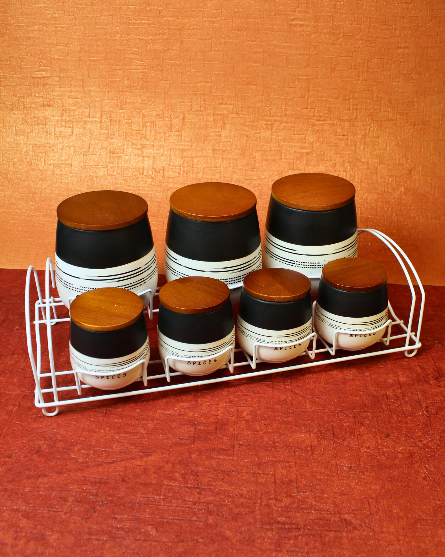 Azure Stripes Ceramic Spice Jar with Metal Rack | Set of 8