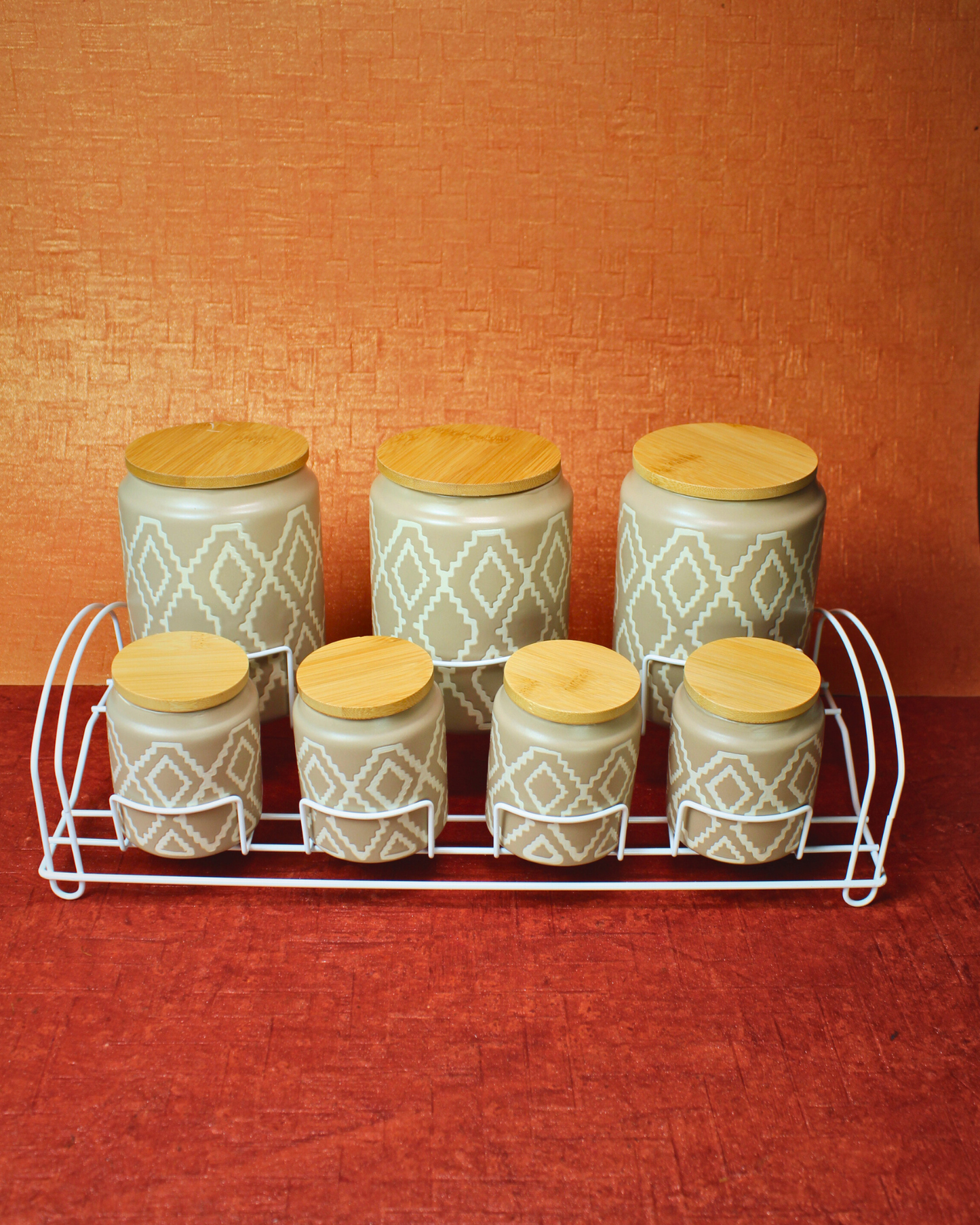 Terra Ceramic Spice Jars with Metal Rack | Set of 8