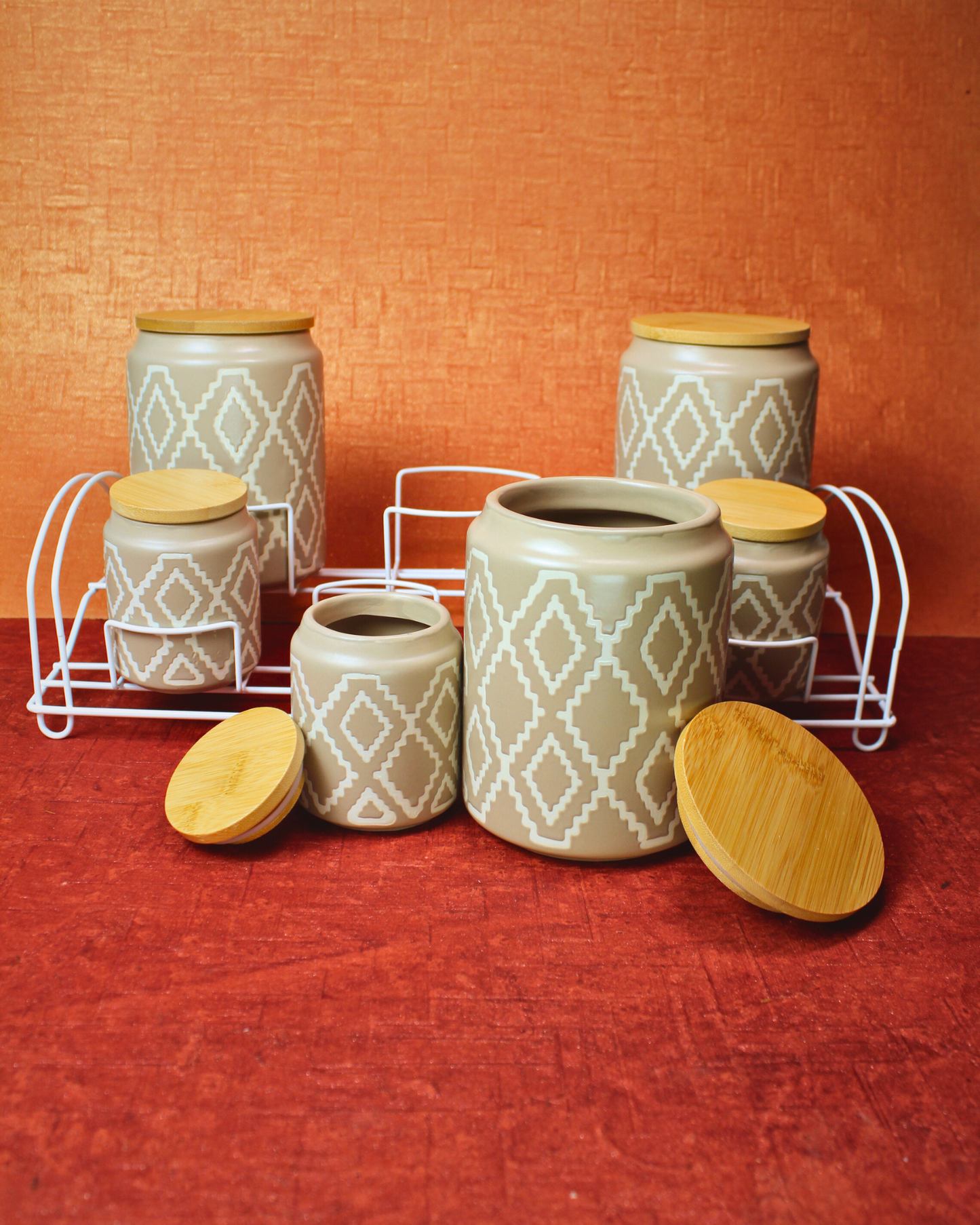 Terra Ceramic Spice Jars with Metal Rack | Set of 8