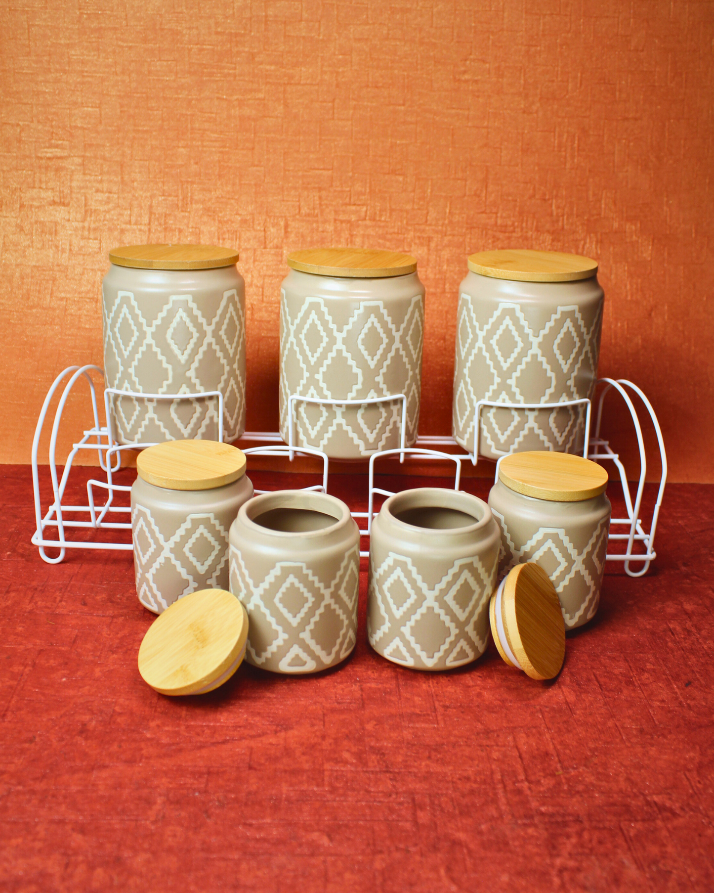 Terra Ceramic Spice Jars with Metal Rack | Set of 8
