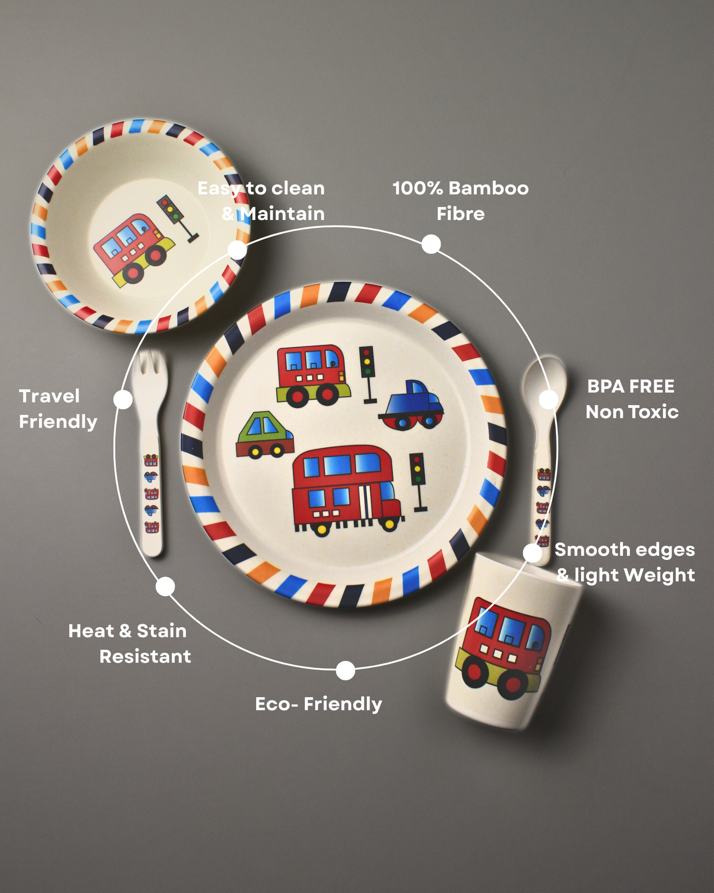 Wheels Bus Kids Bamboo Dinner Set of 5 | Eco-Friendly | 100% Organic | Stain Resistant | Break Resistant