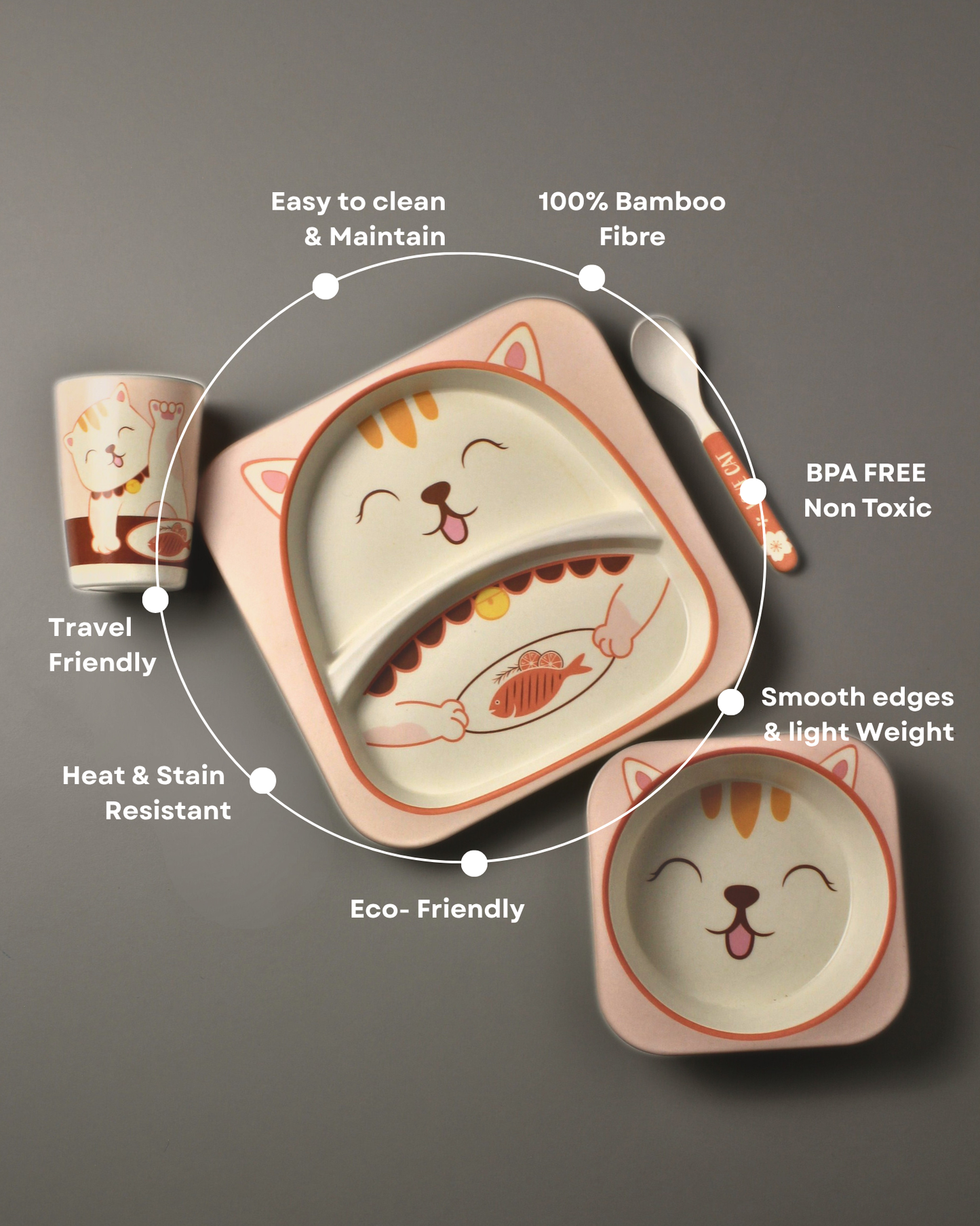 Sunny Kitten Kids Bamboo Dinner Set of 5 | Eco-Friendly | 100% Organic | Stain Resistant | Break Resistant