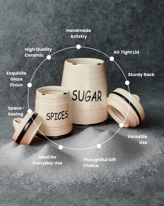 Noir Border Ceramic Spice Jars with Metal Rack | Set of 8