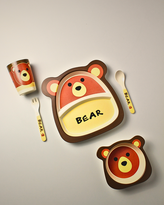 Cubby Bear Kids Bamboo Dinner Set of 5 | Eco-Friendly | 100% Organic | Stain Resistant | Break Resistant