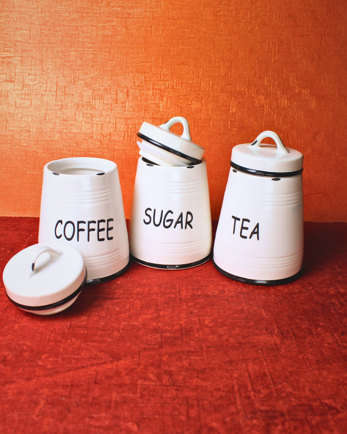 Noir Border Ceramic Spice Jars with Metal Rack | Set of 8