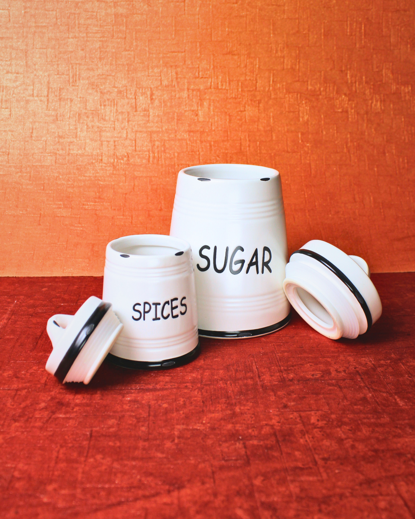 Noir Border Ceramic Spice Jars with Metal Rack | Set of 8