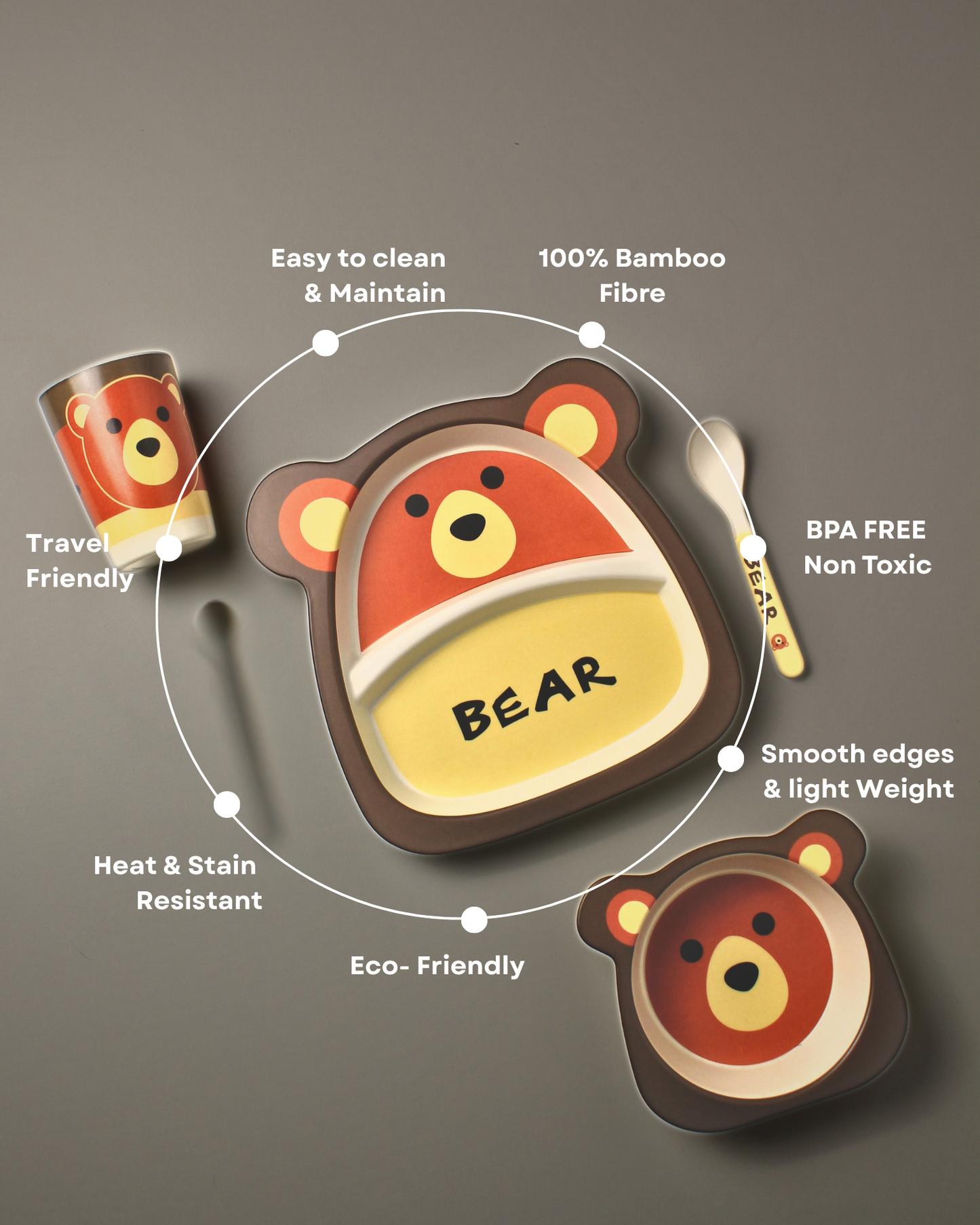 Cubby Bear Kids Bamboo Dinner Set of 5 | Eco-Friendly | 100% Organic | Stain Resistant | Break Resistant