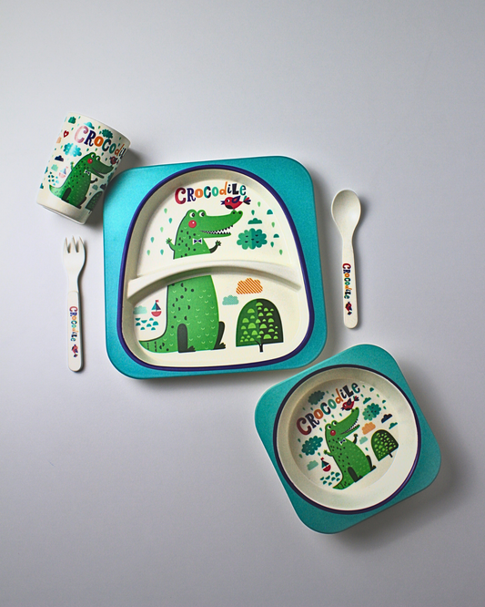 Dottie Crocodile Kids Bamboo Dinner Set of 5 | Eco-Friendly | 100% Organic | Stain Resistant | Break Resistant