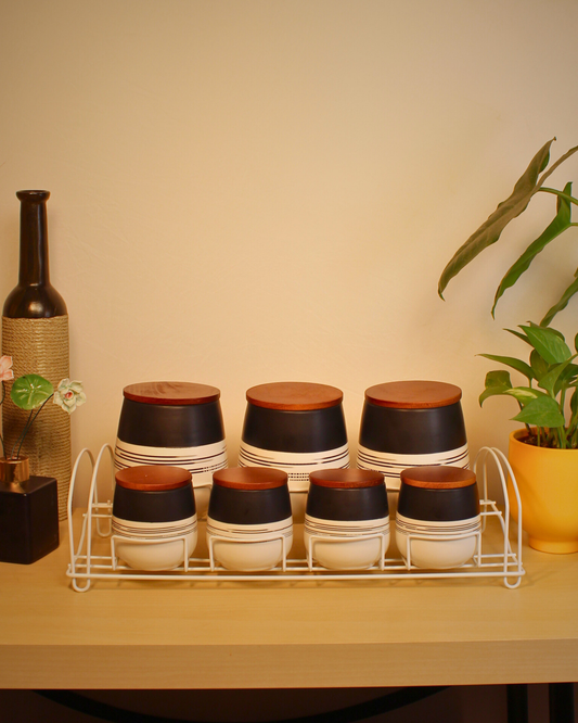 Azure Stripes Ceramic Spice Jar with Metal Rack | Set of 8