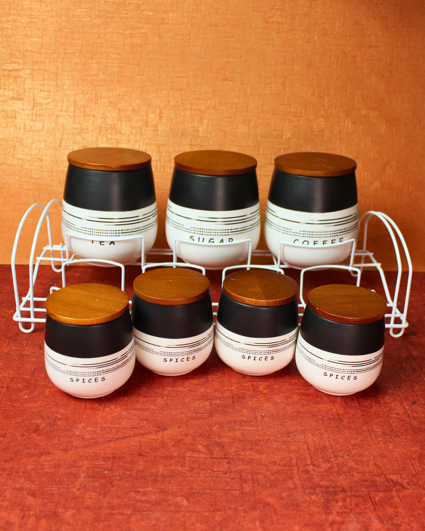 Azure Stripes Ceramic Spice Jar with Metal Rack | Set of 8