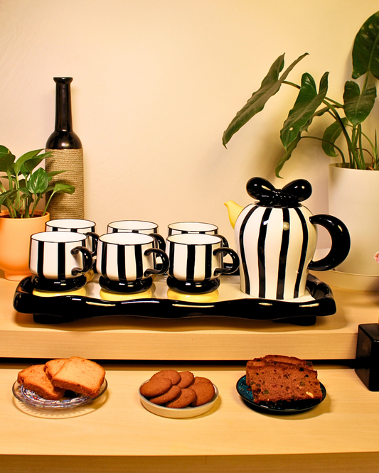 The Black Tie & Bow Ceramic Tea Set - 6 Cups with Ceramic Tray