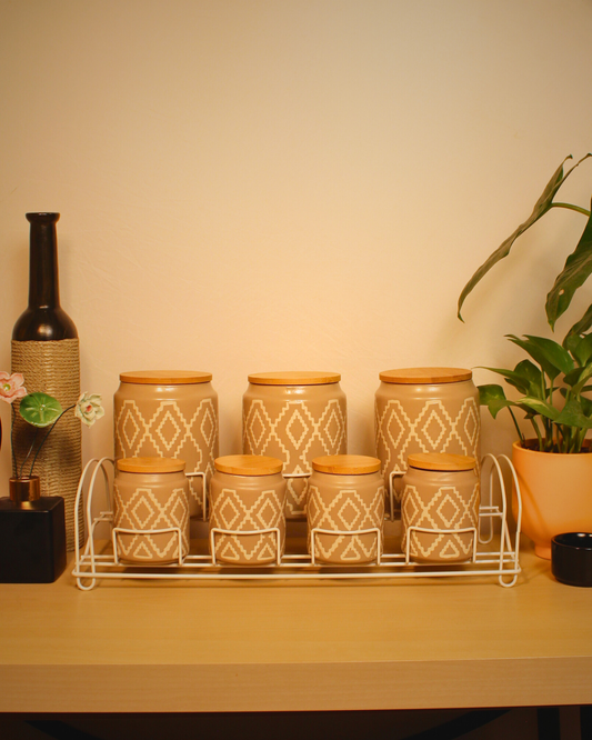 Terra Ceramic Spice Jars with Metal Rack | Set of 8