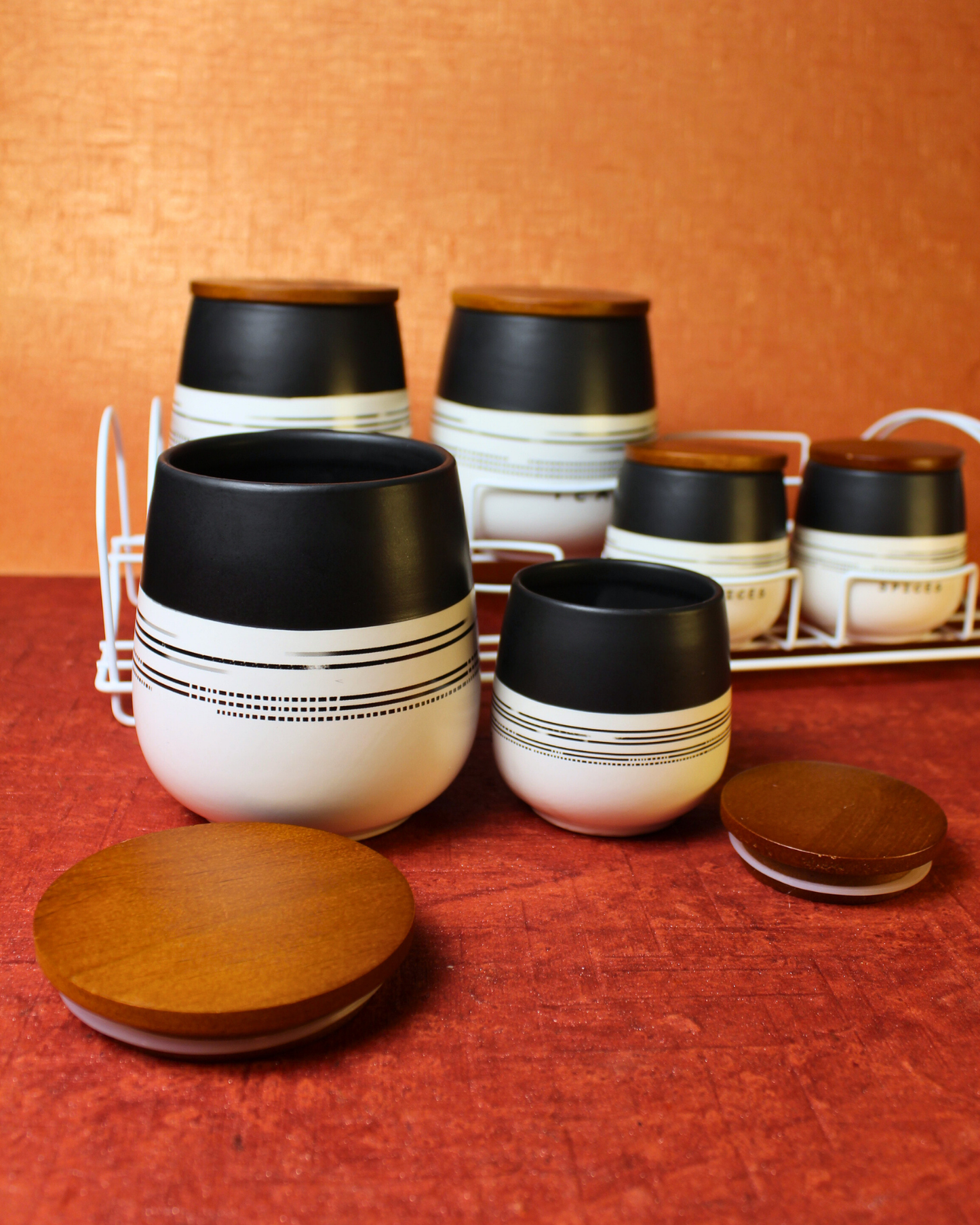 Azure Stripes Ceramic Spice Jar with Metal Rack | Set of 8