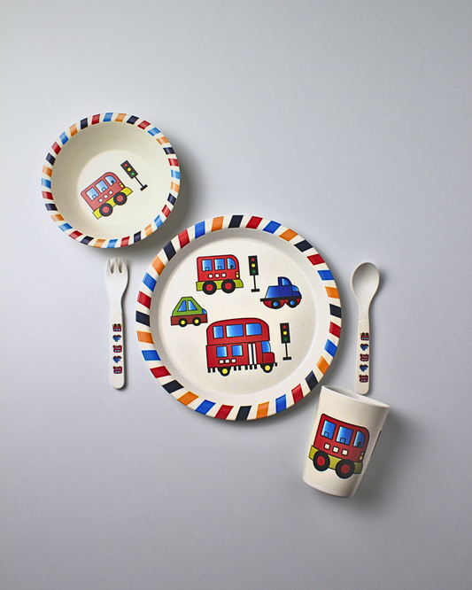 Wheels Bus Kids Bamboo Dinner Set of 5 | Eco-Friendly | 100% Organic | Stain Resistant | Break Resistant