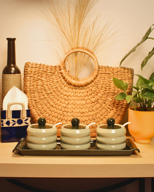 Emerald Duo Ceramic Spice Jars with Tray | Set of 7