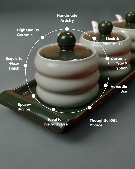 Emerald Duo Ceramic Spice Jars with Tray | Set of 7