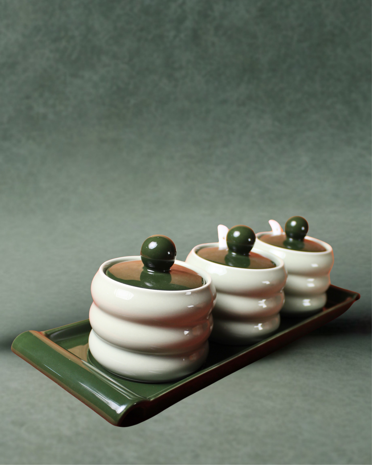 Emerald Duo Ceramic Spice Jars with Tray | Set of 7