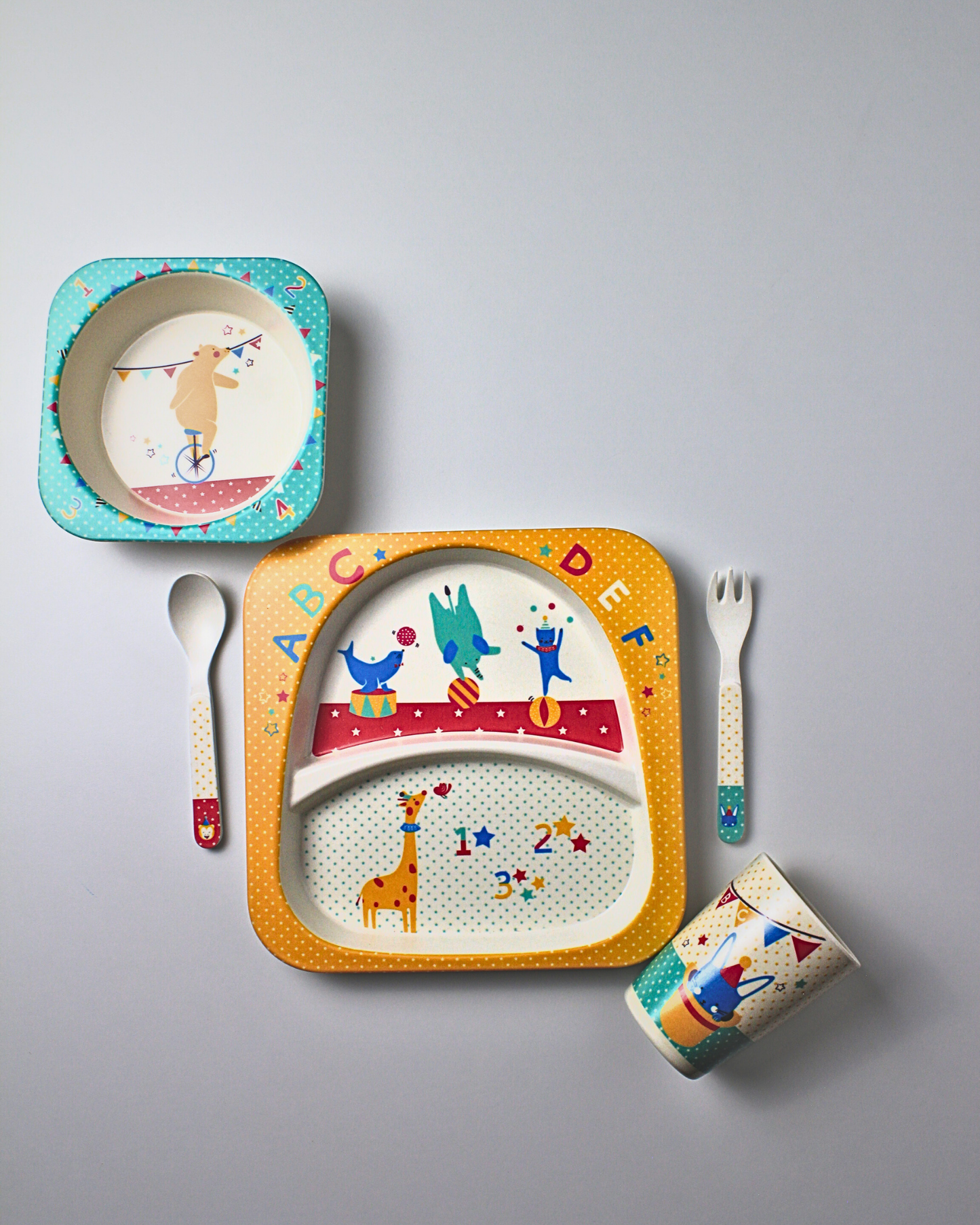 Digger Circus Kids Bamboo Dinner Set of 5 | Eco-Friendly | 100% Organic | Stain Resistant | Break Resistant