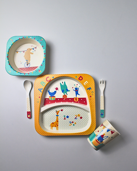 Digger Circus Kids Bamboo Dinner Set of 5 | Eco-Friendly | 100% Organic | Stain Resistant | Break Resistant