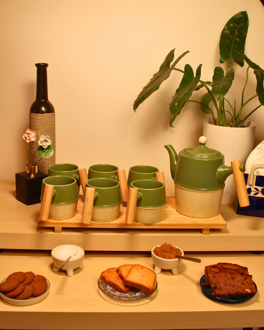 The Moss & Wood Ceramic Tea Set - 6 Cups with Bamboo Tray