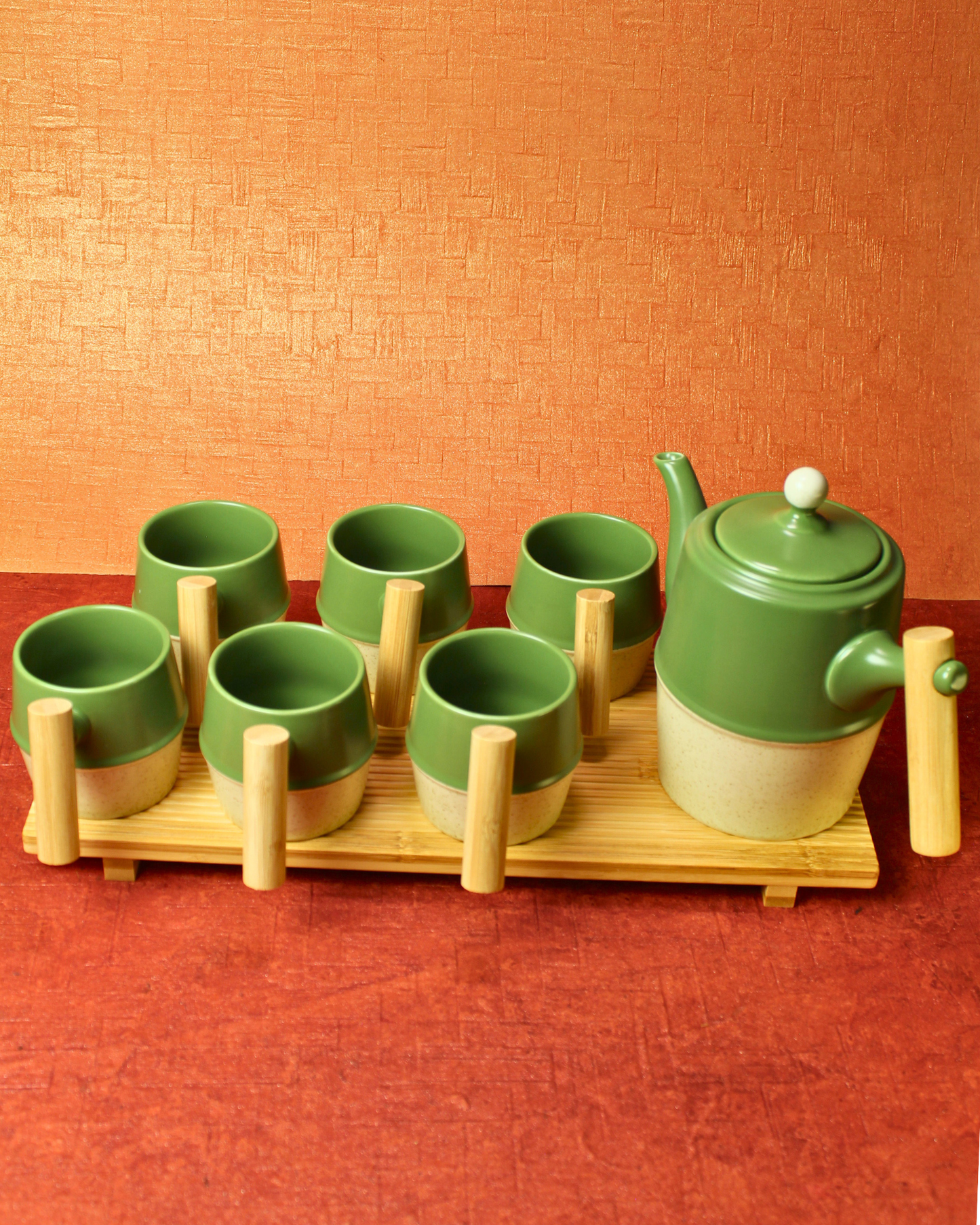 The Moss & Wood Ceramic Tea Set - 6 Cups with Bamboo Tray
