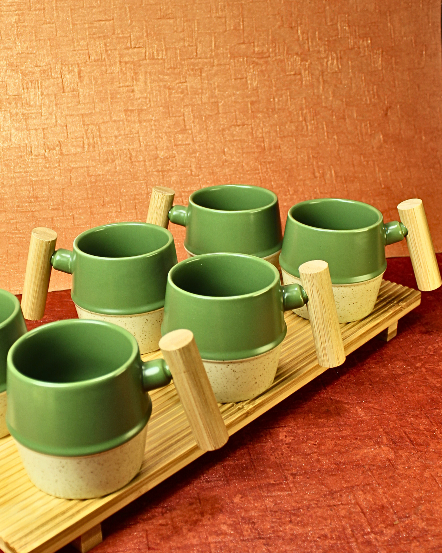 The Moss & Wood Ceramic Tea Set - 6 Cups with Bamboo Tray