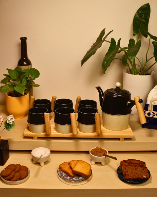 The Noir & Wood Ceramic Tea Set - 6 Cups with Bamboo Tray