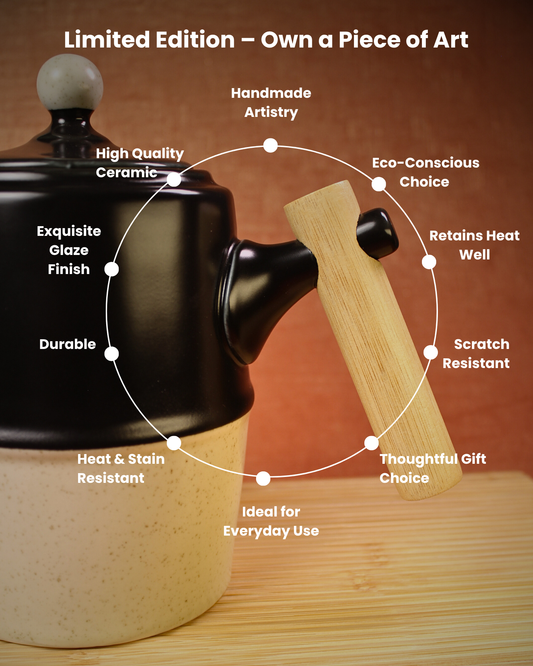 The Noir & Wood Ceramic Tea Set - 6 Cups with Bamboo Tray