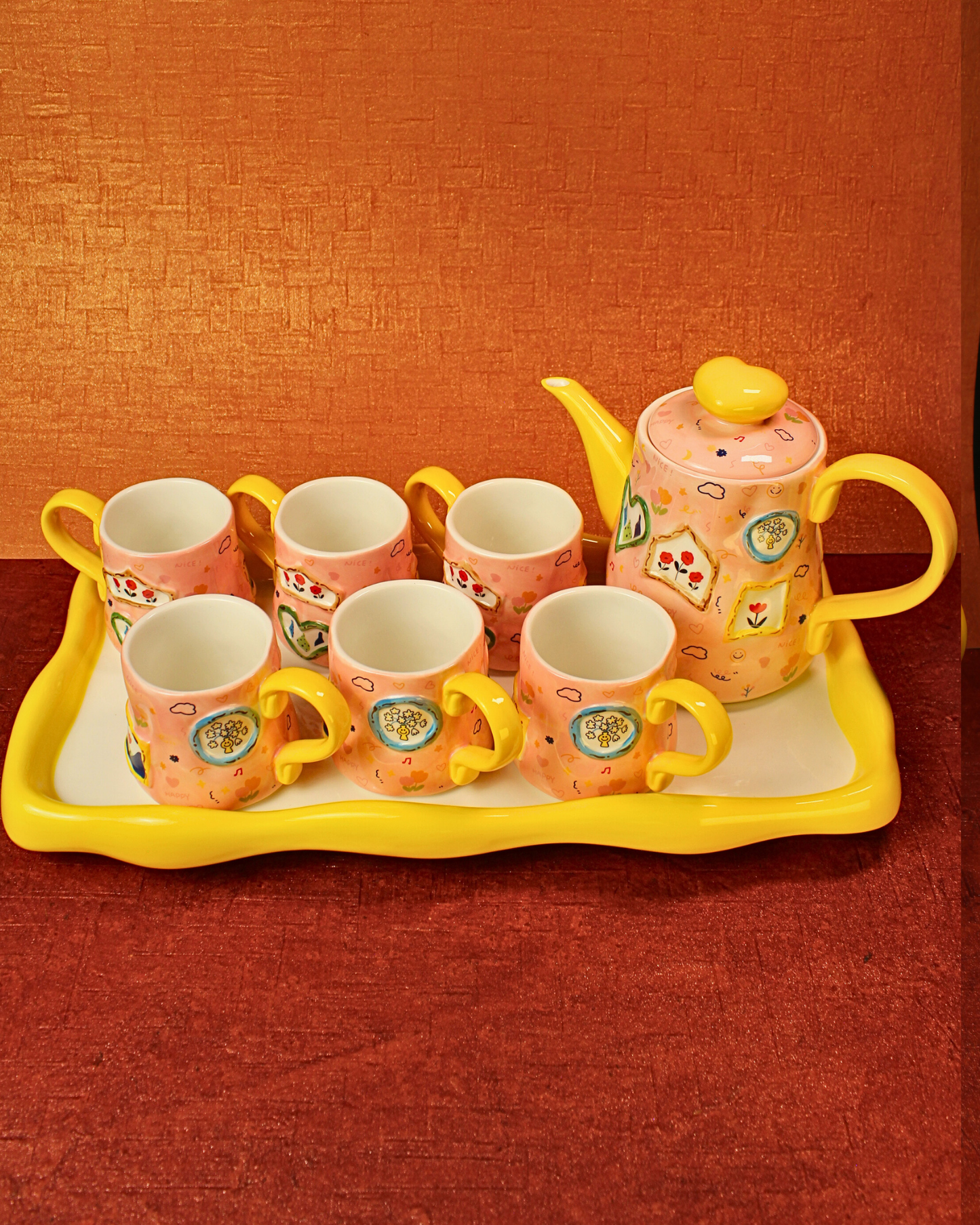 The Blush & Bow Ceramic Tea Set - 6 Cups with Ceramic Tray