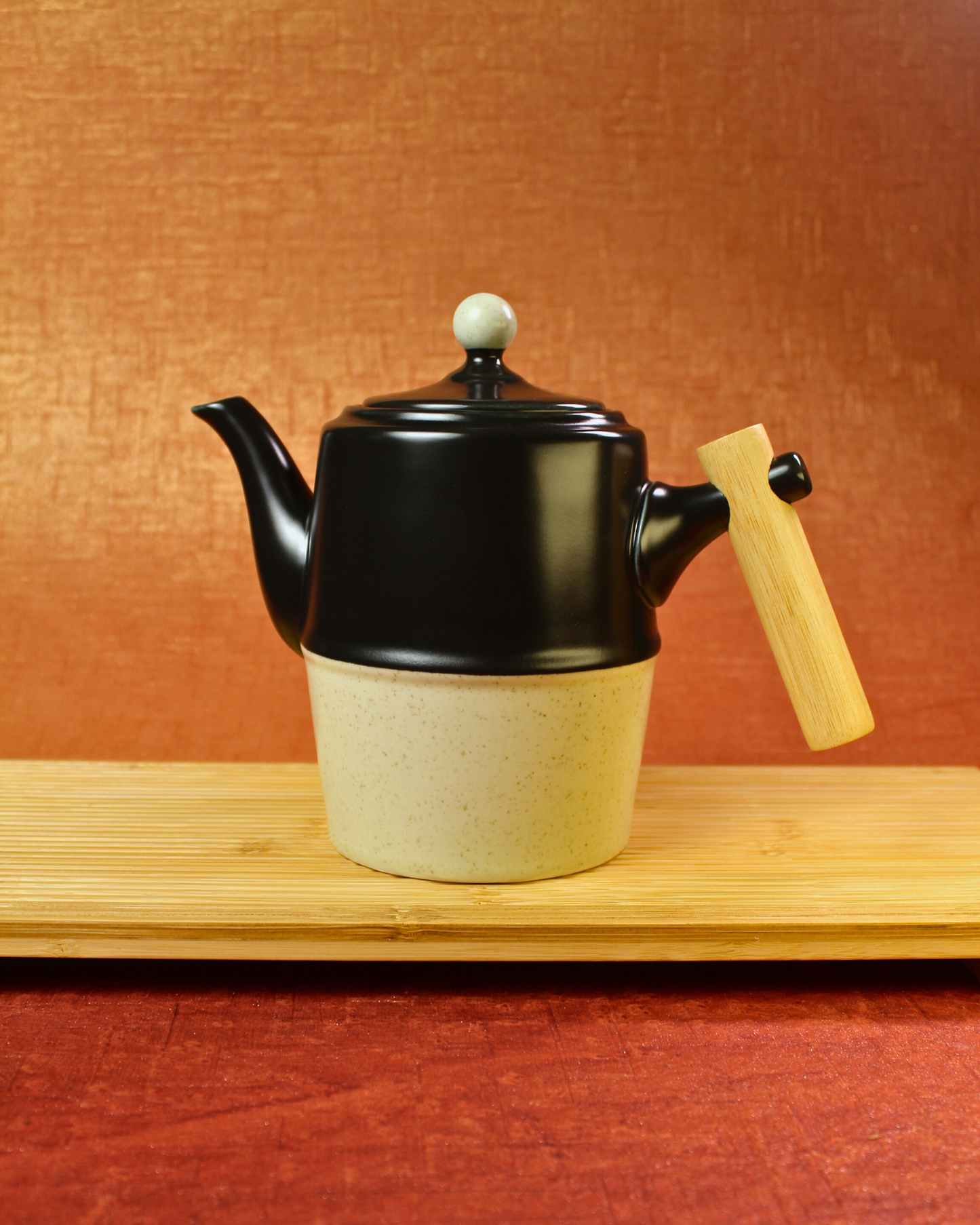 The Noir & Wood Ceramic Tea Set - 6 Cups with Bamboo Tray