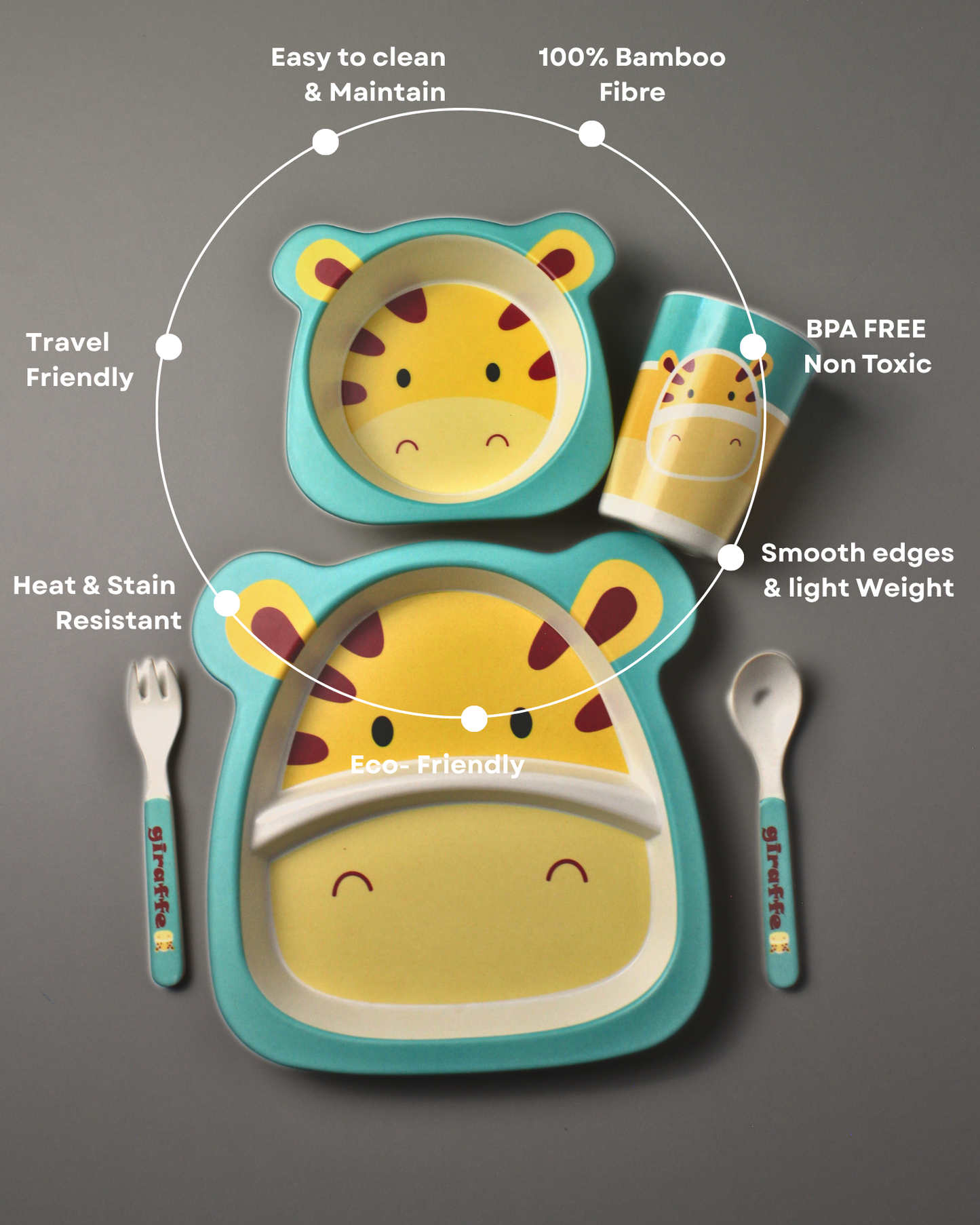 Stretch Giraffe Kids Bamboo Dinner Set of 5 | Eco-Friendly | 100% Organic | Stain Resistant | Break Resistant