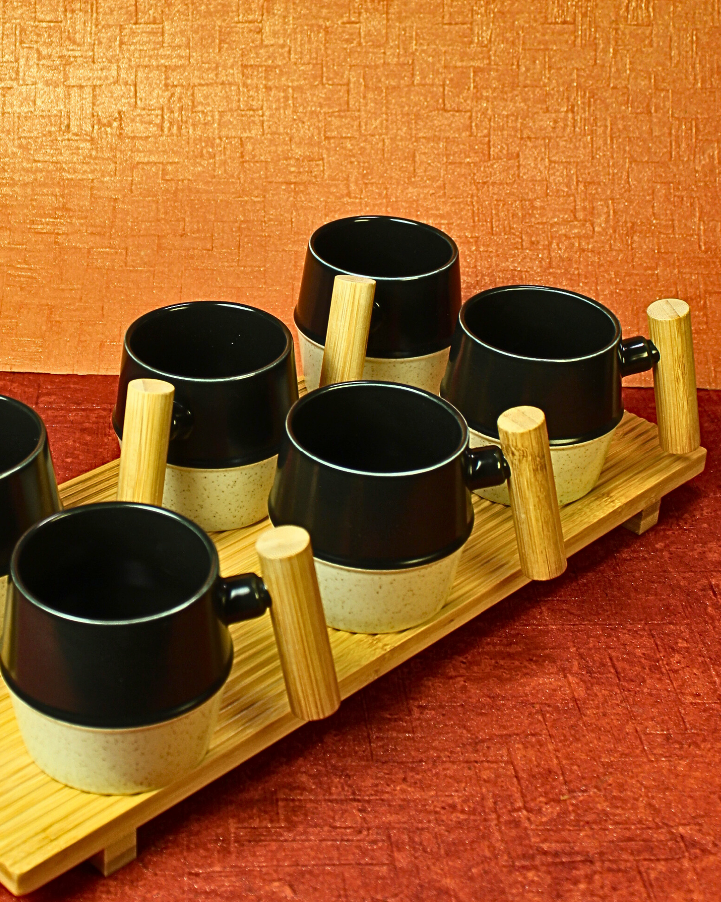 The Noir & Wood Ceramic Tea Set - 6 Cups with Bamboo Tray