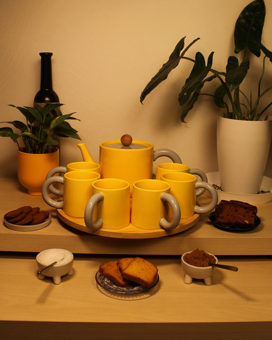 The Mustard & Mist - Ceramic Tea Set - 6 Cups with Lazy Susan (Rotating Tray)