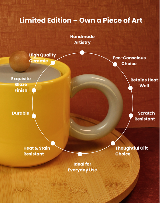 The Mustard & Mist - Ceramic Tea Set - 6 Cups with Lazy Susan (Rotating Tray)