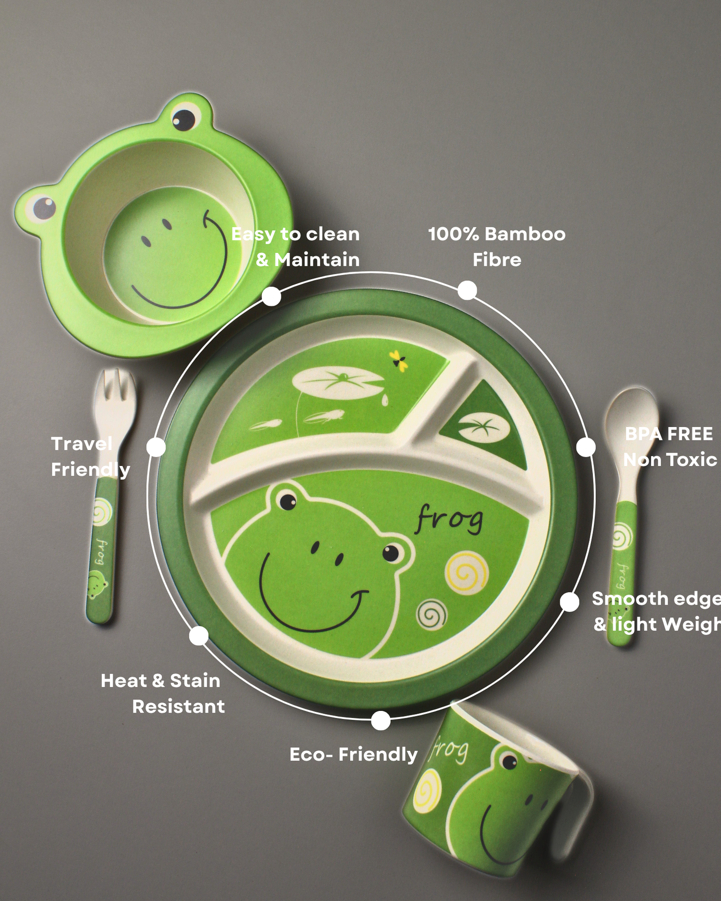 Hopper Kids Bamboo Dinner Set of 5 | Eco-Friendly | 100% Organic | Stain Resistant | Break Resistant