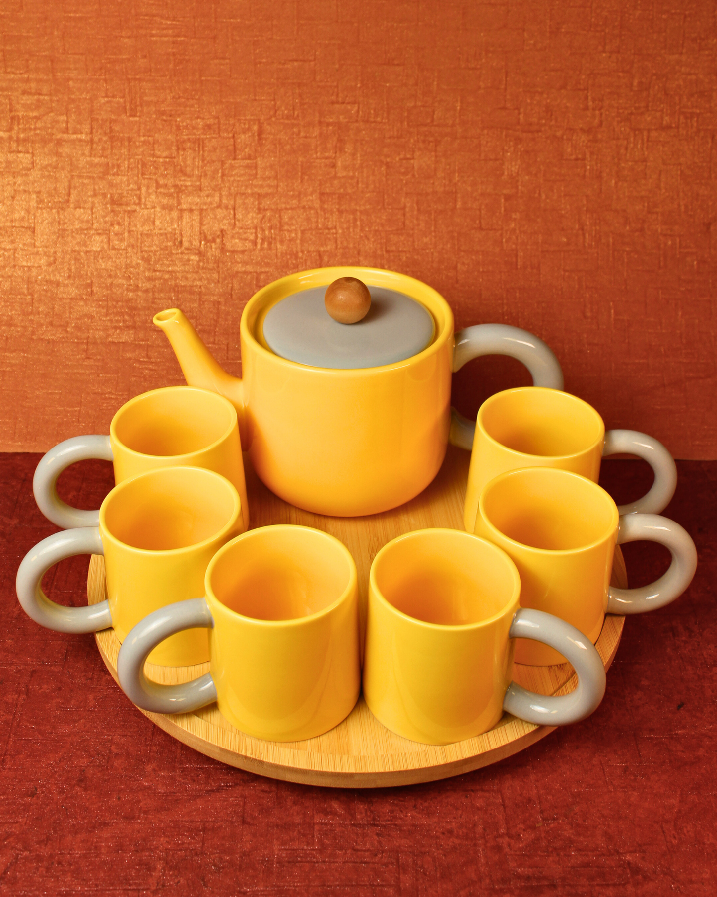 The Mustard & Mist - Ceramic Tea Set - 6 Cups with Lazy Susan (Rotating Tray)