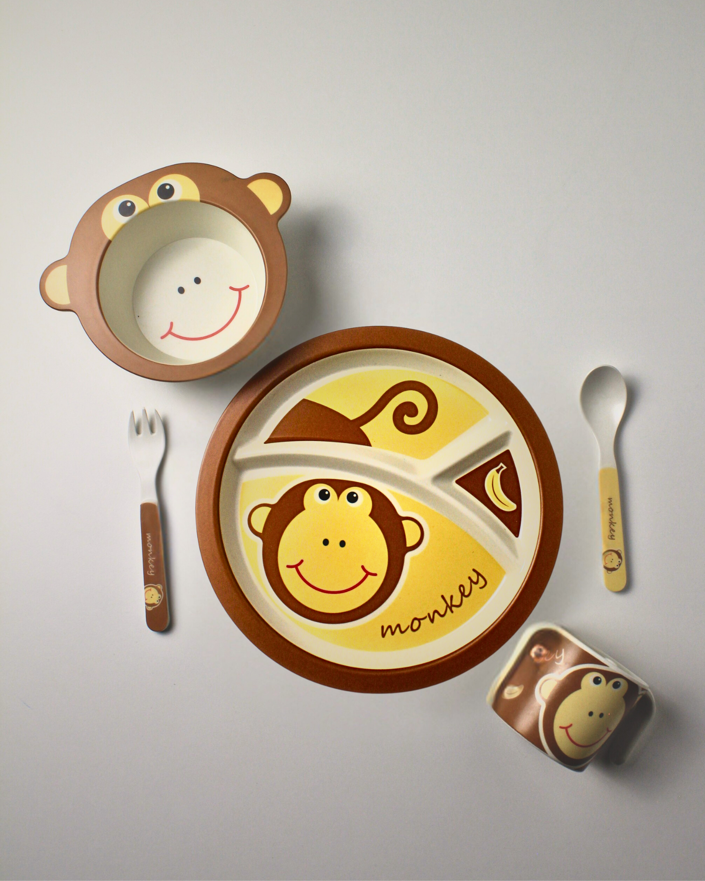 Cheeky Monkey Kids Bamboo Dinner Set of 5 | Eco-Friendly | 100% Organic | Stain Resistant | Break Resistant