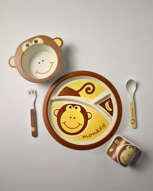 Cheeky Monkey Kids Bamboo Dinner Set of 5 | Eco-Friendly | 100% Organic | Stain Resistant | Break Resistant