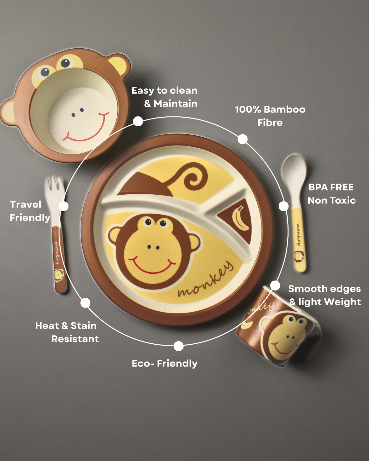 Cheeky Monkey Kids Bamboo Dinner Set of 5 | Eco-Friendly | 100% Organic | Stain Resistant | Break Resistant
