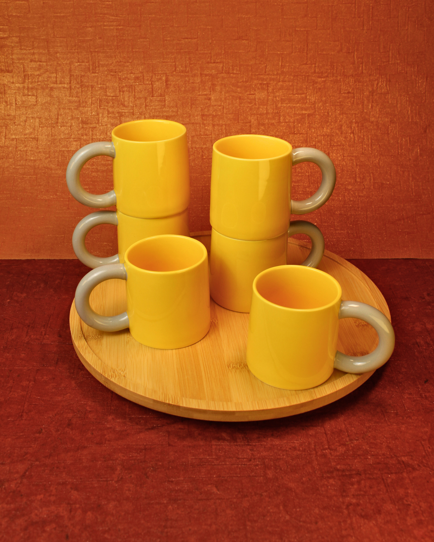 The Mustard & Mist - Ceramic Tea Set - 6 Cups with Lazy Susan (Rotating Tray)