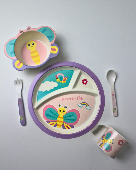Flutter Butterfly Kids Bamboo Dinner Set of 5 | Eco-Friendly | 100% Organic | Stain Resistant | Break Resistant