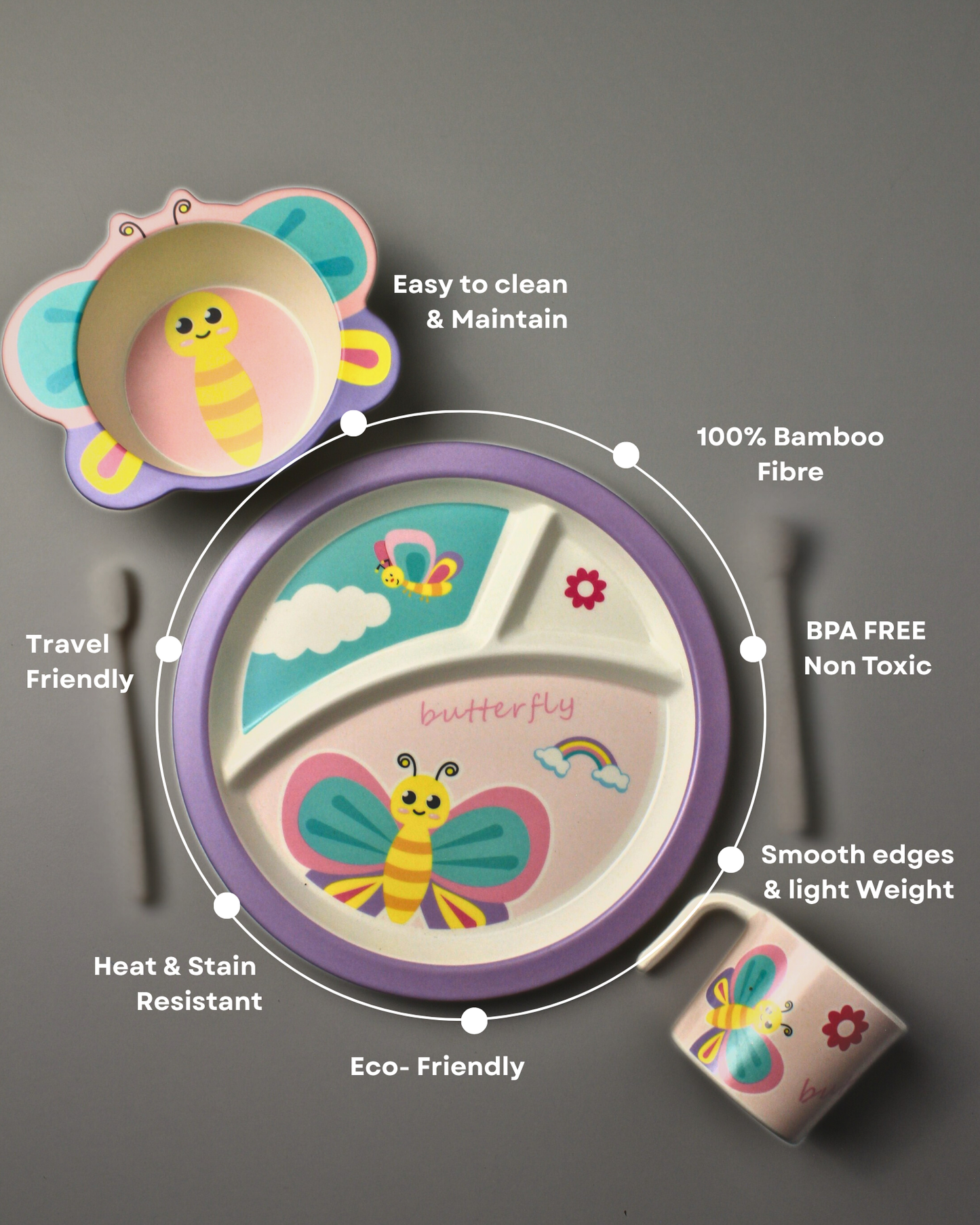 Flutter Butterfly Kids Bamboo Dinner Set of 5 | Eco-Friendly | 100% Organic | Stain Resistant | Break Resistant