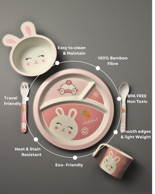 Flopsy Bunny Kids Bamboo Dinner Set of 5 | Eco-Friendly | 100% Organic | Stain Resistant | Break Resistant
