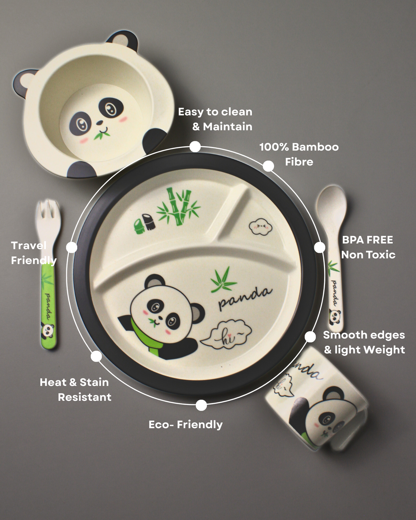 Pandy Panda Kids Bamboo Dinner Set of 5 | Eco-Friendly | 100% Organic | Stain Resistant | Break Resistant