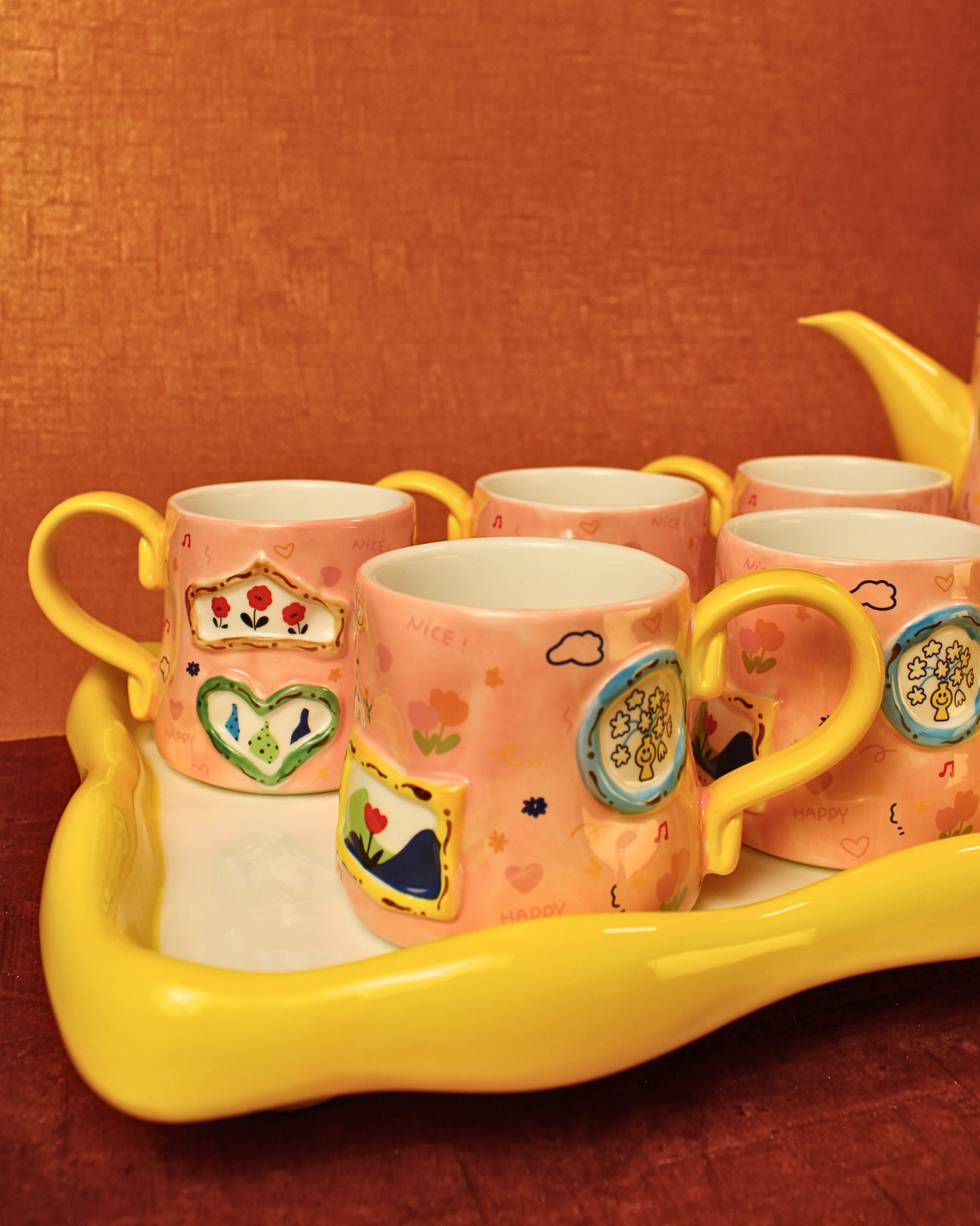 The Blush & Bow Ceramic Tea Set - 6 Cups with Ceramic Tray