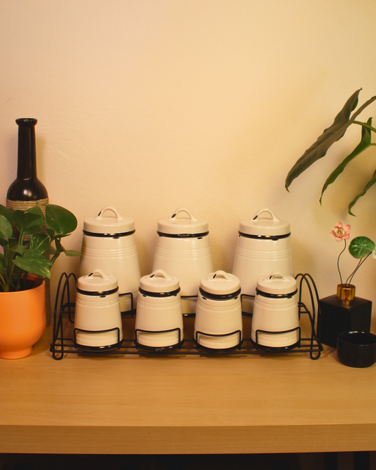 Noir Border Ceramic Spice Jars with Metal Rack | Set of 8