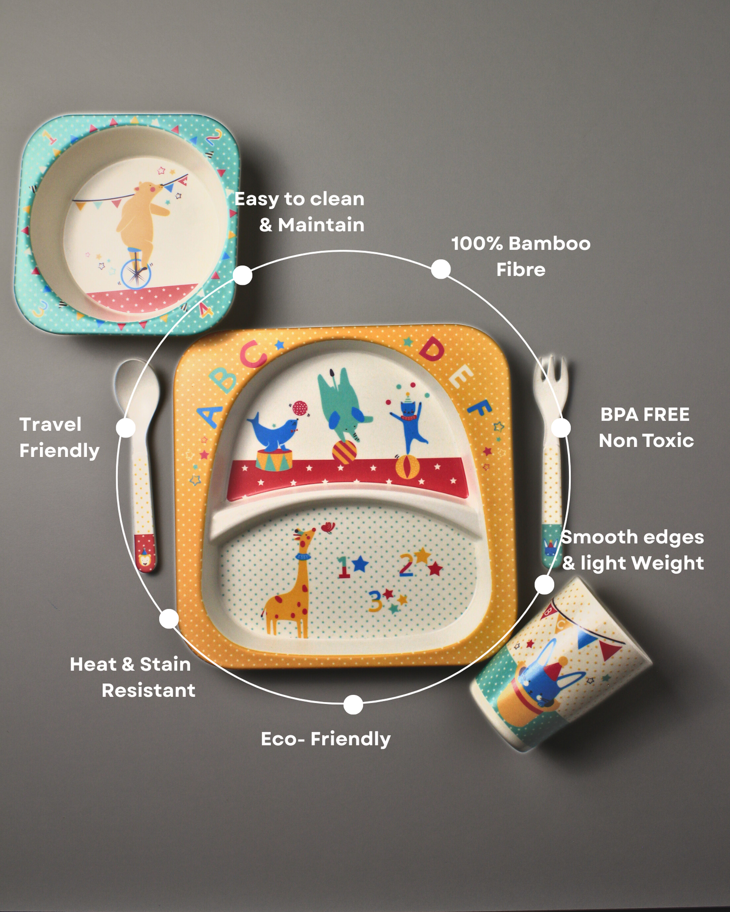 Digger Circus Kids Bamboo Dinner Set of 5 | Eco-Friendly | 100% Organic | Stain Resistant | Break Resistant